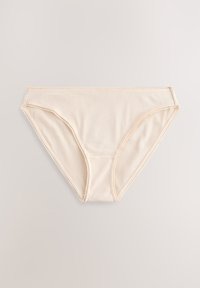 Beige ribbade bikini-trosor med en slät, mjuk textur. Har spetskant längs midjebandet och vid bensluten.