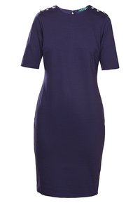 Tmavě modré šaty ke kolenům s krátkými rukávy a detailními knoflíky na ramenou, přiléhavý střih, kulatý výstřih a zapínání na zip na zádech.