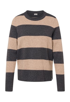 Gestreifter Pullover aus weichem Material mit dunkelgrauen und beigen horizontalen Streifen, rundem Ausschnitt sowie geripptem Saum und Bündchen.
