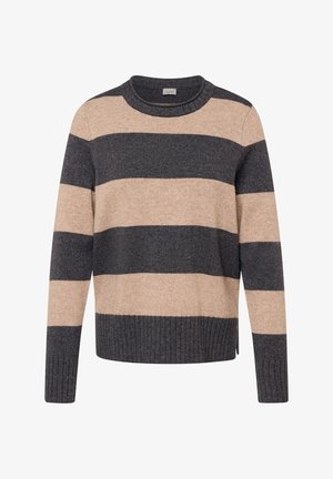 Gestreifter Pullover aus weichem Material mit dunkelgrauen und beigen horizontalen Streifen, rundem Ausschnitt sowie geripptem Saum und Bündchen.