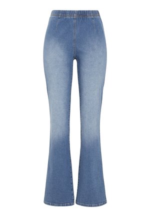 Hellblaue Denim-weit geschnittene Hose mit einem elastischen Bund, die einen schrittweisen Farbverlauf von dunkel zu hell an den Säumen aufweist und keine sichtbaren Taschen hat.