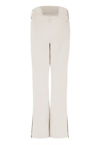 Pantalon beige à jambes droites avec ceinture élastique côtelée et fermetures éclair aux ourlets des chevilles, montré de dos.