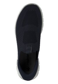 Zapatilla de deporte navy sin cordones con parte superior de malla transpirable, patrones texturizados, bandas elásticas y suela blanca con un logo en el interior.