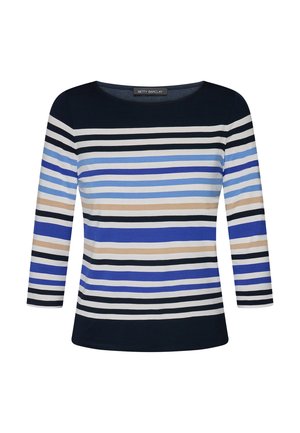 Gestreept topje met blauwe, zwarte en beige kleuren, lange mouwen, een ronde hals en een zachte stoftextuur. Het merklabel is zichtbaar.