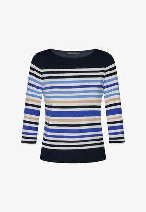 Haut rayé aux couleurs bleu, noir et beige, manches longues, encolure ronde et texture de tissu douce. L'étiquette de la marque est visible.