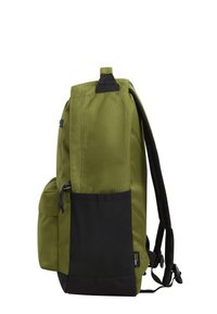 Olive green backpack with a black bottom section, featuring adjustable straps, a front pocket, and a top handle for easy carrying.