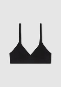 Brassiere nero realizzato in tessuto morbido. Presenta sottili spalline regolabili e un scollatura a V. Texture liscia senza hardware visibile.