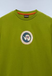 Sweat-shirt à col rond vert avec un patch de carte de l'Antarctique présentant un drapeau norvégien et le texte "Archive Project Napapijri".