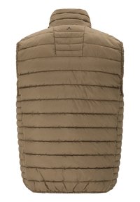 Puffer vest in kaki met een hoge kraag, met horizontale doorgestikte patronen en een elastische zoom. Lichtgewicht, waterafstotend materiaal.