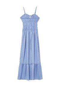 Robe longue bleu clair à fines bretelles, corsage froncé et ourlet volanté. Fabriquée en tissu doux avec un design fluide et un léger éclat.