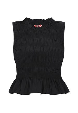 Top negru fără mâneci, cu decolteu și tiv plisat, având o textură de țesătură strânsă și adunată pe toată suprafața corpului.