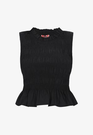 Fekete ujjatlan felső fodros nyakkivágással és szegéllyel, az egész testen gyűrt, gumis anyaggal.