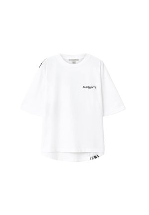 Valge puuvillane T-särk lahtise lõikega, ümmarguse kaelusega ja lühikeste varrukatega. Rinnal must "ALLSAINTS" logo ja küljes detailne aksent.