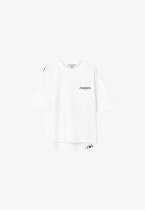 T-shirt bianca in cotone con vestibilità ampia, scollo rotondo e maniche corte. Presenta il logo nero "ALLSAINTS" sul petto e un dettaglio laterale in contrasto.