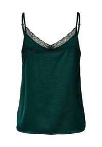 Top caraco en satin vert foncé avec bordure en dentelle le long du décolleté, bretelles réglables et coupe décontractée, présentant une surface texturée subtile.