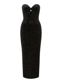 Rochie de seară neagră cu paiete, fără bretele, cu decolteu in formă de inimă, având un decupaj în formă de cheie la bust și o siluetă mulată.