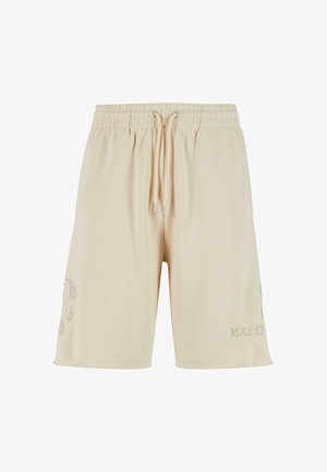 Beige katoenen shorts met een elastische tailleband, trekkoorddetail en zijborduurontwerp. Heeft subtiele tonale branding op het been.