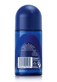 Blue plastic roll-on deodorant bottle showing barcode, text in German and French, and 50ml volume marking on a white background.