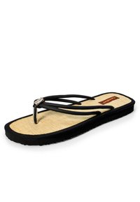 Black flip-flop sandal with a textured straw-look footbed, featuring black rubber straps and a silver accent at the toe post.
