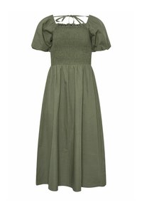 Olivgrünes Midikleid mit gerüschtem Oberteil, Puffärmeln und einer Krawatten-Back-Ausschnitt; aus leichtem, strukturiertem Stoff gefertigt.