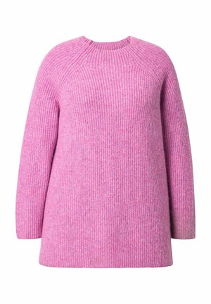 Maglione rosa a coste con collo rotondo, maniche lunghe e vestibilità rilassata. Tessuto morbido e colore uniforme su tutta la superficie.