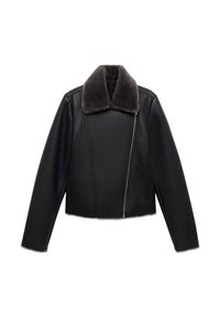 Giubbotto di pelle nera con colletto in pelliccia sintetica grigia, design corto, maniche lunghe e chiusura frontale diagonale con zip.