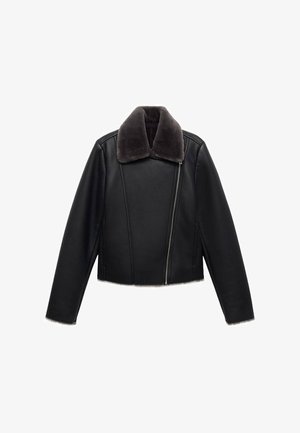 Schwarze Lederjacke mit grauem Kunstpelzkragen, taillierter Schnitt, langen Ärmeln und diagonaler Frontreißverschluss.