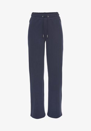 Navyblauwe joggingbroek met een elastische tailleband, trekkoorddetail en rechte pijpen. Gladde textuur met zijzakken.
