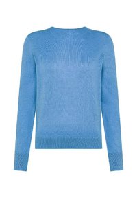 Maglione lavorato a maglia di colore azzurro chiaro con scollatura rotonda, maniche lunghe e polsini a coste. Texture liscia con colore uniforme. Design semplice.