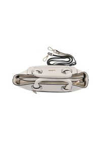 Hellgraue Handtasche mit doppelten Griffen, schwarzem Besatz und einem abnehmbaren Gurt. Verfügt über einen Reißverschluss und goldfarbene Hardware-Akzente.