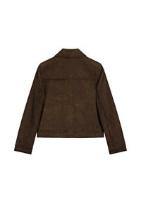 Bruine suède jas met een aangeknipte pasvorm, klassieke kraag en lange mouwen. Heeft een gladde textuur en minimale stikseldetails aan de achterkant.