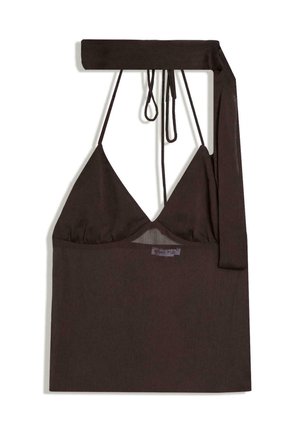 Haut court marron foncé avec col licou, bonnets triangulaires et bretelles à nouer, présenté à plat sur un fond blanc.