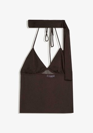 Haut court marron foncé avec col licou, bonnets triangulaires et bretelles à nouer, présenté à plat sur un fond blanc.