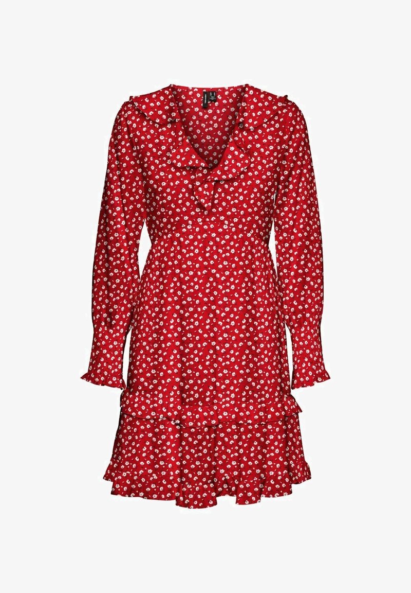 Robe rouge à manches longues avec petit motif floral blanc, col à volants, poignets et ourlet de jupe à volants.