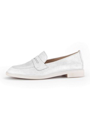 White leather loafers with a textured surface, a penny slot on the vamp, and a low, flat sole. Smooth inner lining and minimal design details.