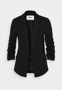 Μαύρο σακάκι από λεία ύλη, με καπιτονέ γιακά, ρυτιδωμένα μανίκια και δύο μπροστινές τσέπες. Ανοιχτό μπροστινό σχέδιο χωρίς κούμπωμα.