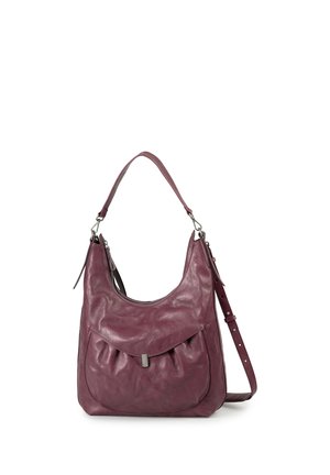 Borsa a mano in pelle viola scuro con manico corto e tracolla lunga regolabile, con tasca frontale con zip e texture liscia.