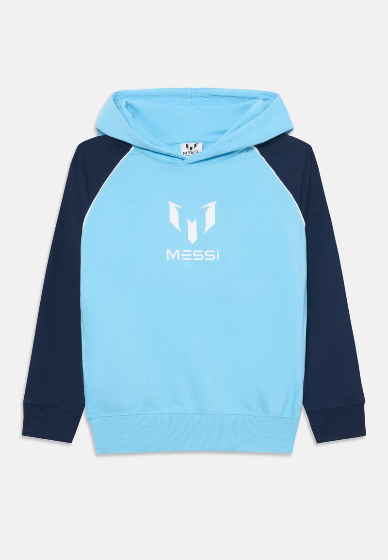 Felpa azzurra chiara con maniche raglan blu navy, cuciture bianche a contrasto e un logo bianco centrale con la scritta "MESSi". Realizzata in morbido cotone.