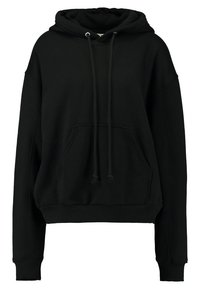 Czarna bluza z kapturem wykonana z miękkiego materiału, z przednią kieszenią, regulowanymi sznurkami i ściągaczami przy mankietach. Prosty, oversize'owy krój.