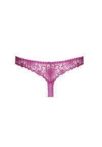 Rosa Spitzen-String mit kunstvollen Blumenmustern, gewellten Kanten und transparenter Struktur für ein zartes Erscheinungsbild.