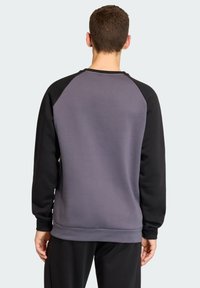 Siva i crna majica s raglan rukavima. Glatka tkanina, elastični манжети i donji rub. Ima okrugli izrez vrata s minimalnim detaljima.