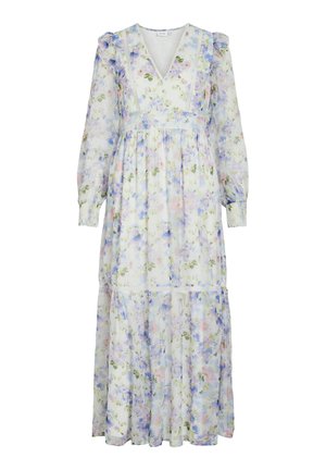 Robe longue blanche transparente avec des fleurs pastel bleues, roses et vertes, col en V, manches longues bouffantes, bordure en dentelle et taille froncée.