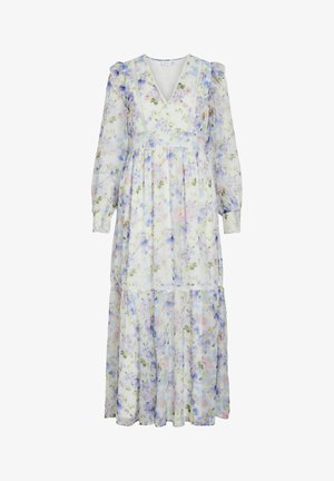 Robe longue blanche transparente avec des fleurs pastel bleues, roses et vertes, col en V, manches longues bouffantes, bordure en dentelle et taille froncée.