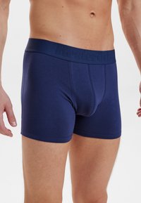 Boxer briefs di colore blu navy realizzati in un tessuto morbido, con una cintura elastica che presenta un marchio in rilievo e senza motivi o dettagli visibili.