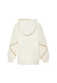 Kremowy polarowy hoodie z kapturem, opuszczonymi ramionami i brązowym przeszyciem wzdłuż szwów, wykonany z miękkiego, teksturowanego materiału.