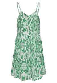 Robe d'été à motifs verts et blancs avec bretelles spaghetti réglables, un devant à boutons et un ourlet à volants en couches. Tissu en coton.