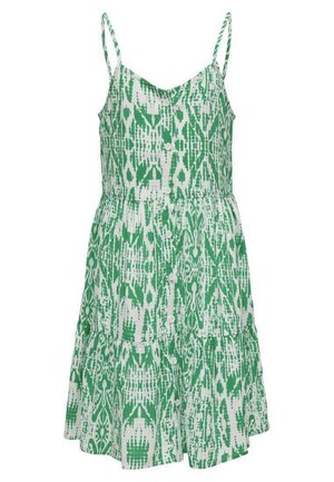 Robe d'été à motifs verts et blancs avec bretelles spaghetti réglables, un devant à boutons et un ourlet à volants en couches. Tissu en coton.