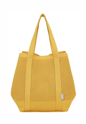 Yellow mesh tote bag with two long handles and solid fabric trim, featuring a small white label on the lower right side.
