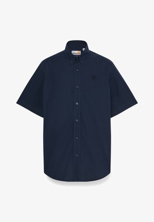 Camicia blu navy a maniche corte con colletto abbottonato, bottoni frontali e logo ricamato sul petto. Realizzata in tessuto di cotone liscio.