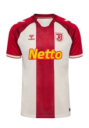 Hvid og rød fodboldtrøje med en central rød lodret stribe, Netto-logo i gult, hummel-logo og et rødt og hvidt skjold.